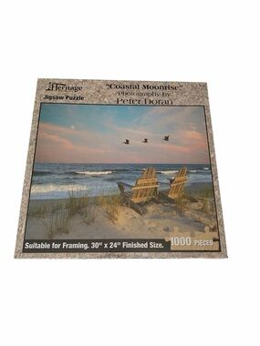 NWT Heritage Jigsaw Puzzle 1000 PC Sealed Coastal Moonrise Beach 30" X 24” Frame